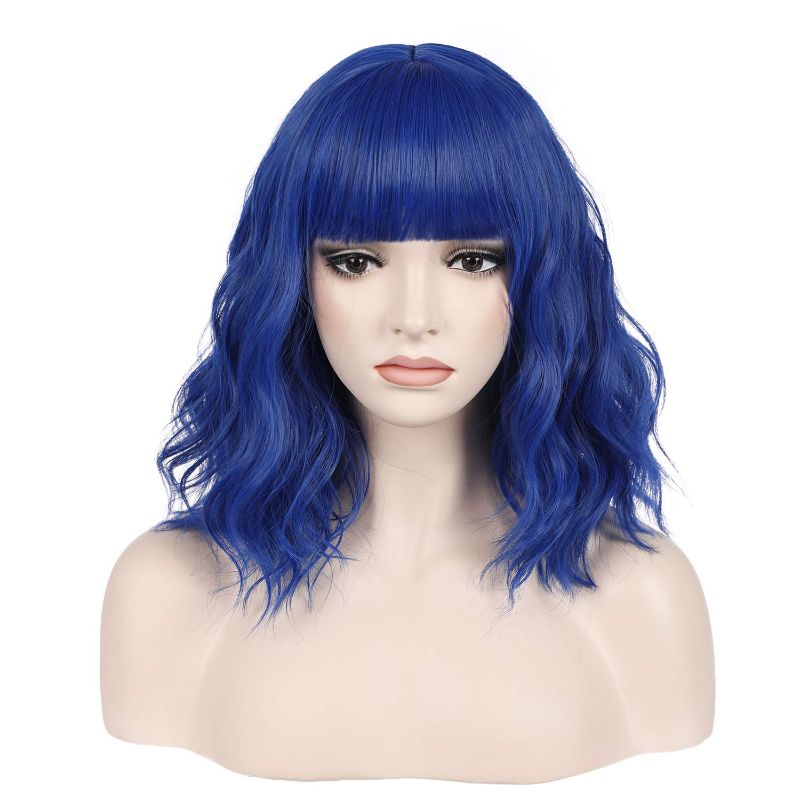 Photo 1 of incohair 14 Inches Dark Blue Wig with Bangs Women Girls Short Curly Wavy Bob Wig Shoulder Synthetic Party Wigs Wig Cap Included (Dark Blue)
