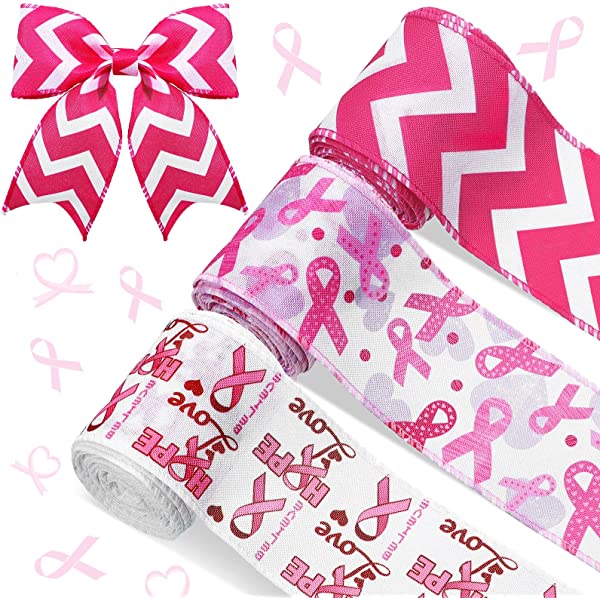 Photo 1 of 3 Rolls 18 Yards Breast Cancer Awareness Ribbon Pink Awareness Ribbon 2.5 Inch Wide Hope Love Printed Wired Ribbon Bouquet Wreaths Wrap Ribbon White Pink Ribbon for DIY Craft Party Gift Wrapping