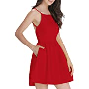 Photo 1 of FANCYINN Women’s Red Short Dress Spaghetti Strap Backless Mini Skater Juniors Graduation