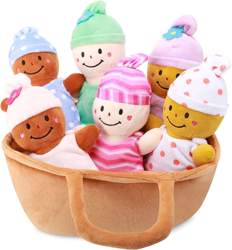 Photo 1 of Basket Plush Baby Dolls Soft Multicultural Sensory Babies Toy Set 6 Piece Interchangeable Clothes Stuffed Plush Figures for All Ages
