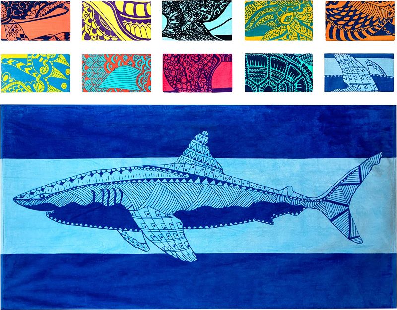 Photo 1 of Nova Blue Shark Beach Towel – Blue with A Tropical Design, Extra Large, XL (34”x 63”) Cool Hawaiian, Navy Beach Towel with Light Blue Stripe, Made from 100% Cotton