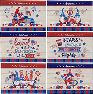 Photo 1 of 4th of July Placemats, Patriotic Placemats Set of 6, Fourth of July Place Mats for Dining Table 12x18 Inch, Gnomes Red Truck American Stars Heat Resistant Burlap Table Mats for Kitchen Decor Indoor