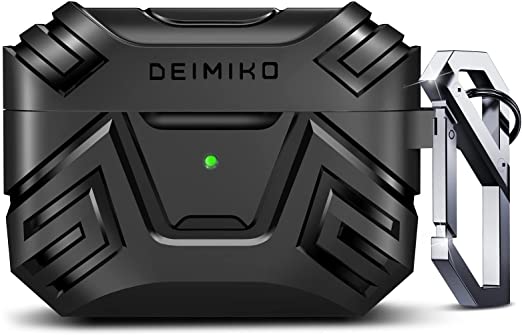 Photo 1 of Airpods Pro Case Cover, DEIMIKO Military Hard Shell Protective Cover Case with Keychain for AirPod Pro 2019 [Front LED Visible] (Black with Stainless Steel Keychain)