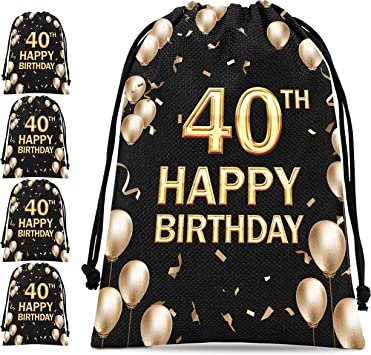 Photo 1 of 40th Happy Birthday Gift Bags, Gift Bags for Birth Date, Pouches with Drawstring With Black Background And Golden Balloons, Party Favors, Set of 5 (birth40)