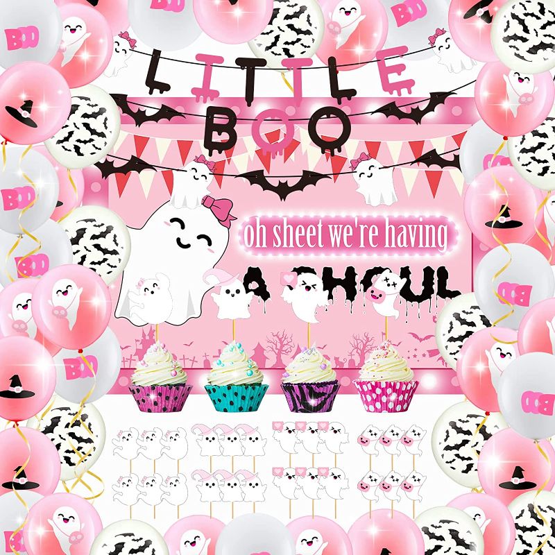 Photo 1 of 48 Pcs Pink Halloween Ghost Girls Shower Decoration Little Boo Banner We're Having a Ghoul Banner Backdrop Happy Boo Day Halloween Balloons for Halloween Baby Shower Birthday Party Supplies
