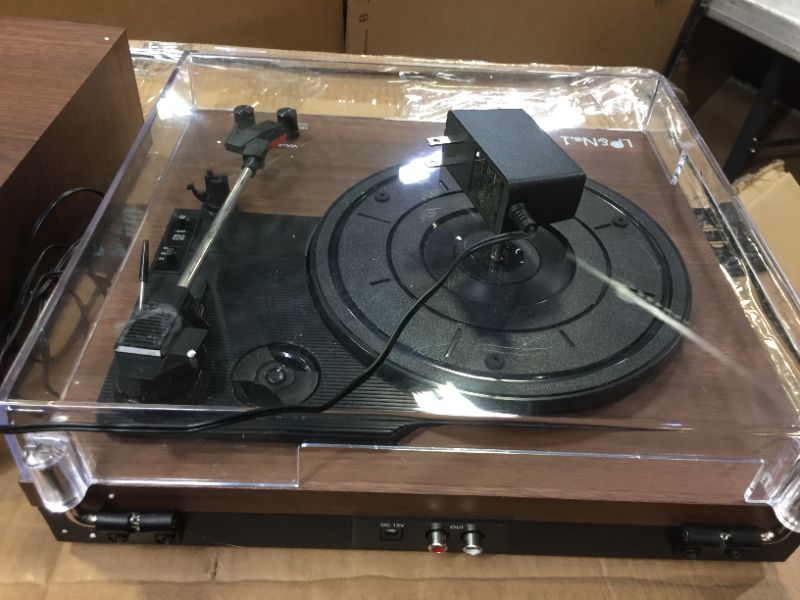 Photo 1 of LP&No.1 Bluetooth Vinyl Record Player with External Speakers, 3-Speed Belt-Drive Turntable for Vinyl Albums with Auto Off and Bluetooth Input DarkBrown Wood