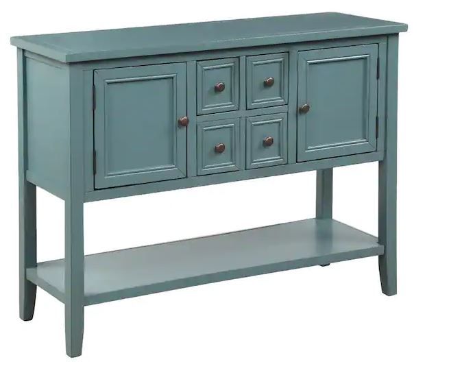 Photo 1 of 46 in. Dark Blue Standard Rectangle Wood Console Table with 4-Storage Drawers // NEEDS REPAIR / SELL FOR PARTS
