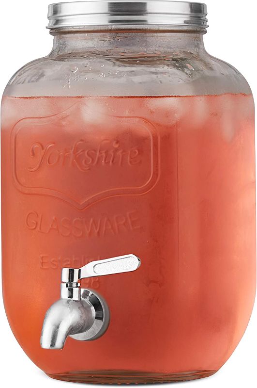 Photo 1 of 1 Gallon Glass Beverage Drink Dispenser with Metal Spigot - Yorkshire Mason Jar Glassware Wide Mouth Metal Lid Stainless Steel Spigot- Sun Tea, Iced Tea, Kombucha Fermenting, Juice, Beer, Wine, Liquor
