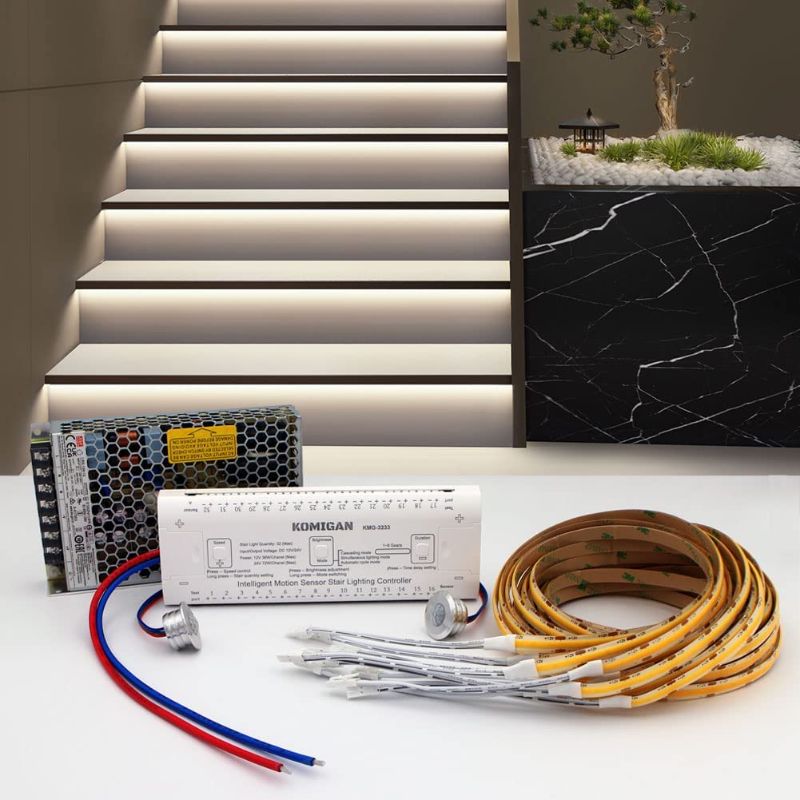 Photo 1 of KOMIGAN Intelligent Motion Sensor LED Stair Lighting Kit KMG-3233, 40 Inch Long Cuttable LED Strip Light for Indoor LED Stair Lights LED Step Lights (16 Stairs, Cool White 6000K)
