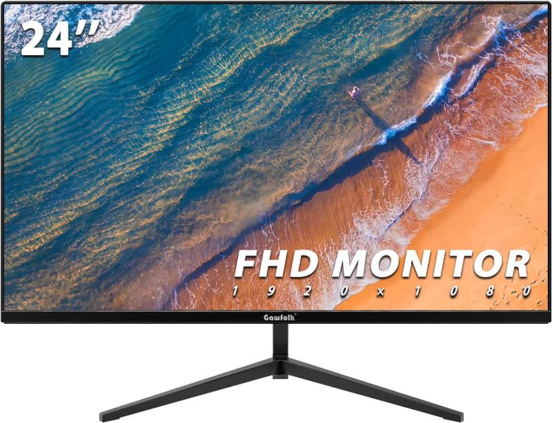 Photo 1 of Gawfolk PC Monitor 24 inch, FHD 1920x1080P 75HZ 95% sRGB Color Gamut Specialized Computer Monitor, Desktop Monitors for Gaming, Office, 3-Sided Frameless and VESA Mountable, HDMI, VGA Port-Black
