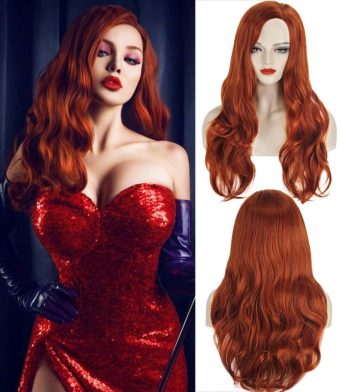 Photo 1 of FOVER Wigs for Jessica Rabbit Costume Copper Red Mermaid Long Wavy Wigs for Women Halloween Party Daily Use FE003R
