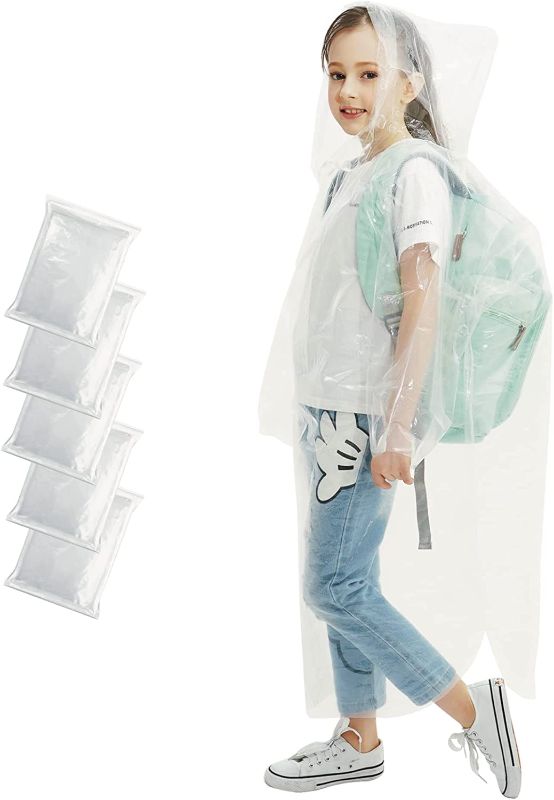 Photo 1 of Disposable Rain Ponchos for Kids, Thick Emergency Ponchos with Hood for Boys/Girls Clear - 5 Pack
