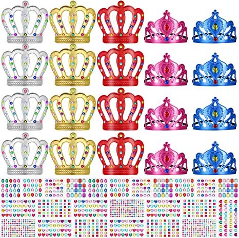Photo 1 of 100 Pcs Foam Princess Tiaras and Crowns and Crystal Gem Sticker, Silver Red Gold Pink Blue Foam Crowns Set for Kids Making Kits Princess King Crown DIY Crowns Birthday Party Favors Hats
