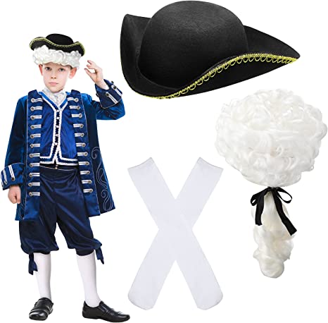Photo 1 of George Washington Costume for Kids Including George Washington White Wig, Colonial Style Tricorn Hat, Colonial White Socks High Socks for Boys, Historical Colonial Outfit for Halloween Dress up Party

