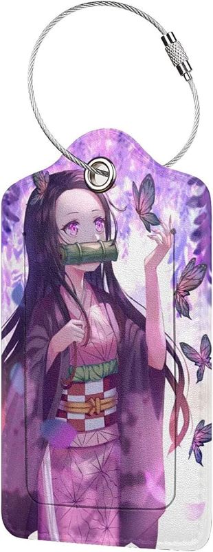 Photo 1 of Cute Butterfly Luggage Tags for Suitcases Women Travel Anime Girls Personalized PU Leather Identifiers with Full Back Privacy Name ID Card Stainless Steel Loop 1 Pc

