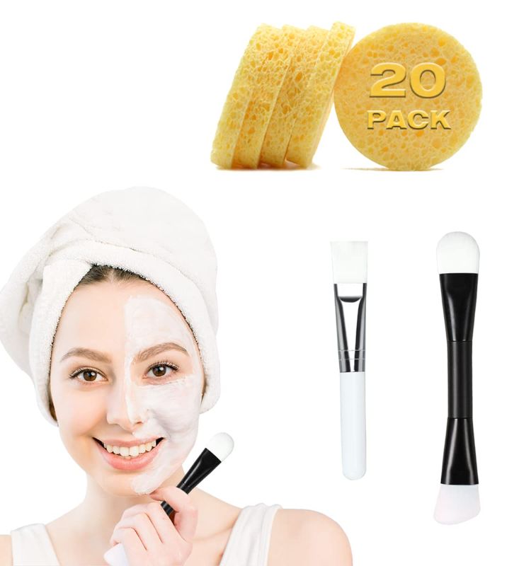 Photo 1 of 20 Count Compressed Facial Sponges for Face Cleansing, Makeup Removal - Reusable | 2 Pack Face Mask Brushes for Applying Facial Mask - Use with Facial Mud Masks, Peel Off Masks, Oils & Makeups
