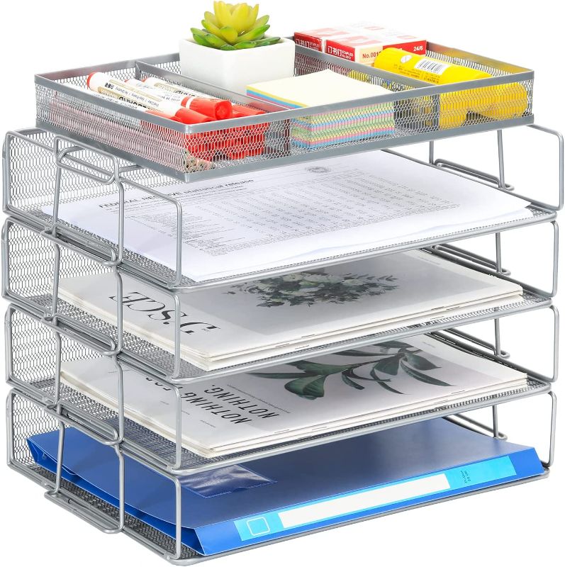 Photo 1 of PAG Letter Tray for Desk Stackable Mesh File Organizer Pencil Holder for Home Office, 5 Tier, Silver
