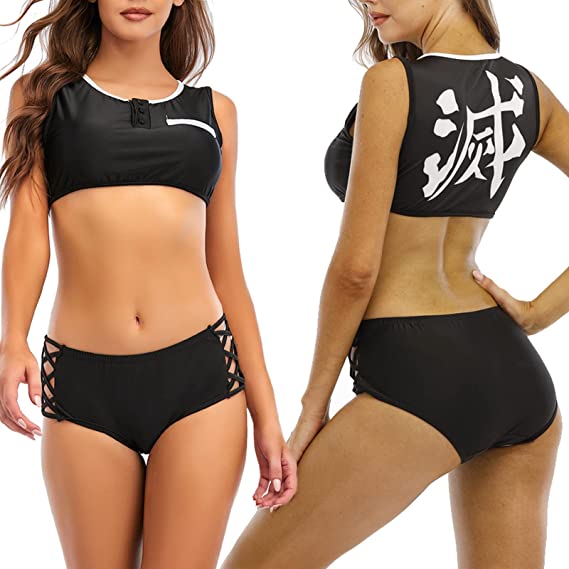 Photo 2 of Demon Slayer Shinobu Kocho Agatsuma Kamado Rengoku Costume Cosplay Swimsuit Kimetsu no Yaiba Anime Bathing Suit Cover up Set SIZE XXL 
