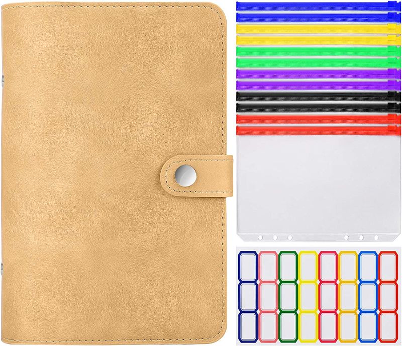 Photo 1 of Budget Binder with Zipper Envelopes, A6 Binder Notebook, 6-Ring Loose Leaf PU Leather Binder Cover Folder Budget Planner with 12 Clear Cash Envelopes Pockets & Label Stickers, Khaki
