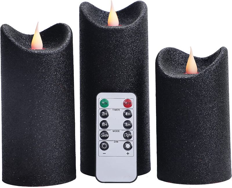 Photo 1 of  Black Glitter Moving Flame LED Candle, Battery Operated Pillar Flameless Candle with 10-Key Remote and Timer, Pack of 3, Home Decor Table Centerpiece
