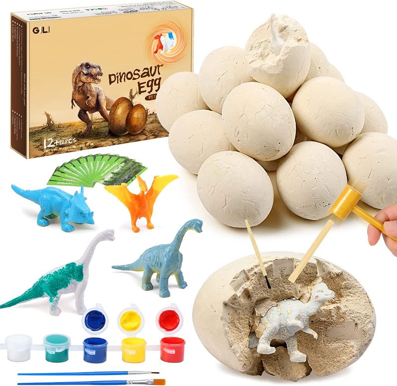 Photo 1 of GILI Dinosaur Eggs Excavation Kits Toys for Boys & Girls - Dig up 12 Eggs and Discover 24 Surprise Dinosaurs (12 White and 12 Colored) with Painting Kits, Easter Eggs Science STEM Gift for Kids
