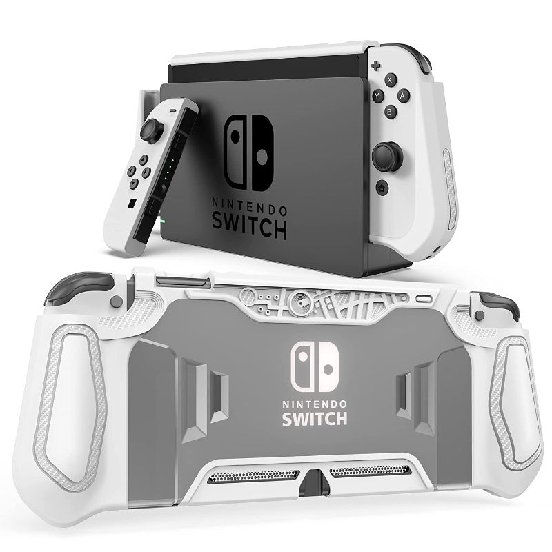 Photo 1 of LEYUSMART Dockable Protector for Nintendo Switch,(Fit for Dock/Ergonomic/Full Protection/Shock-Absorption/Anti-Scratch) Gift Glass Screen Protector & Thumb Caps, Nintendo Switch Dockable Case White