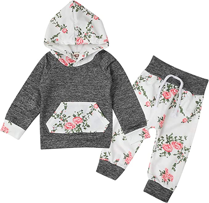 Photo 1 of 2pcs Infant Baby Girls Clothes Long Sleeve Hoodie with Floral Pants Outfit Sets for Fall Winter Spring  06-12 MONTHS