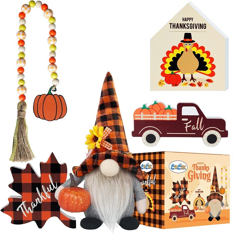 Photo 2 of 5 PCS Fall Tiered Tray Decor Bundle , Thanksgiving Gnome Plush, Mini Fall Wood Signs, Wooden Bead Garland Fall Harvest , Thanksgiving Day, Autumn Home Office Decor
