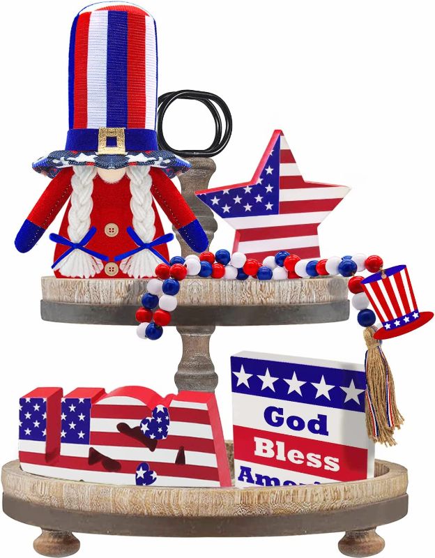 Photo 1 of 4th of July Decorations Tiered Tray Decor - Patriotic Gnome Plush - 3 Independence Day Wooden Signs - Wooden Garland with star for Home Table Memorial Day 4th of July Decorations (Tray Not Included) (Classic Flag Design)