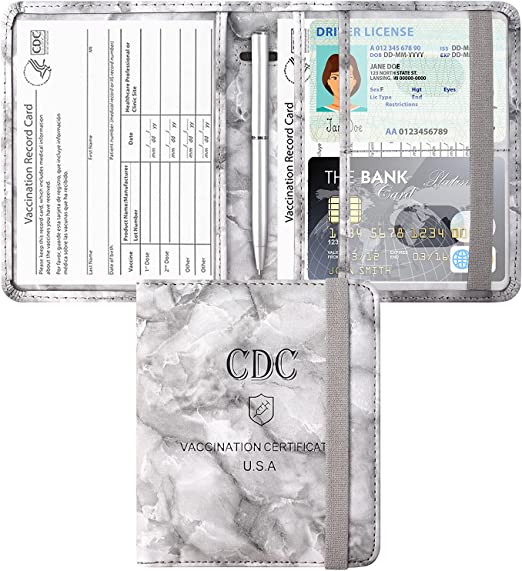 Photo 1 of ACdream Vaccine Card Holder, PU Leather 4x3 CDC Vaccination Immunization Record Protector Wallet, Waterproof Vax Certificate Clear Sleeve Protective Case, with Credit Cards Slots - Marble Black  2 PCS