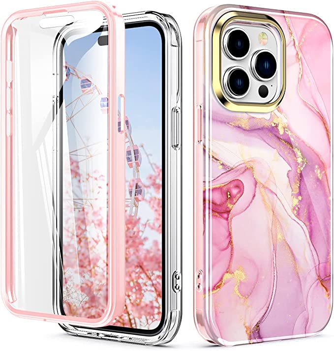 Photo 1 of  iPhone 14 Pro Max Case, (with Built-in Screen Protector) Shockproof Slim Soft TPU+Hard Plastic Full Body Protective Case for iPhone 14 Pro Max (6.7" Display) 2022 - Pink Marble