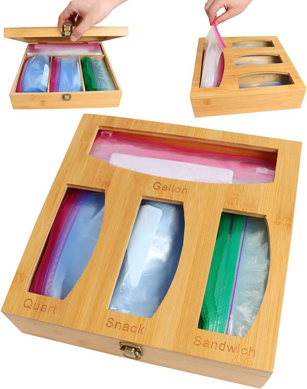 Photo 1 of  Bamboo Ziplock Bag Storage Organizer and Dispenser for Kitchen Drawer–Food Storage Bag Holders Compatible With Gallon, Quart, Sandwich & Snack Variety Size Bags.