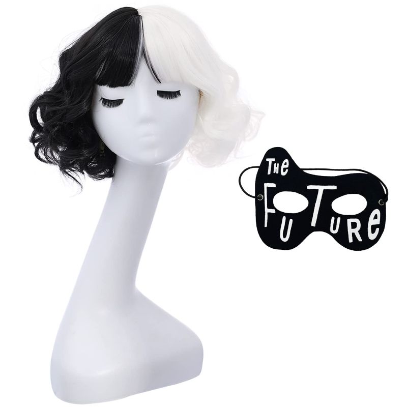 Photo 1 of BERON Black White Short Wig for Women Curly Wavy Bob Hair Wigs Synthetic Halloween Cosplay Wigs Party Use