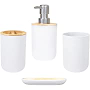 Photo 1 of Bathroom Accessories Set - 4 Pcs Bamboo Bathroom Sets, Soap Dispenser Toothbrush Holder Toothbrush Cup Draining Soap