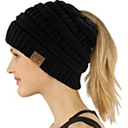 Photo 1 of CC Ponytail Messy Bun BeanieTail Soft Winter Knit Stretch Beanie Hat (Solid Black)