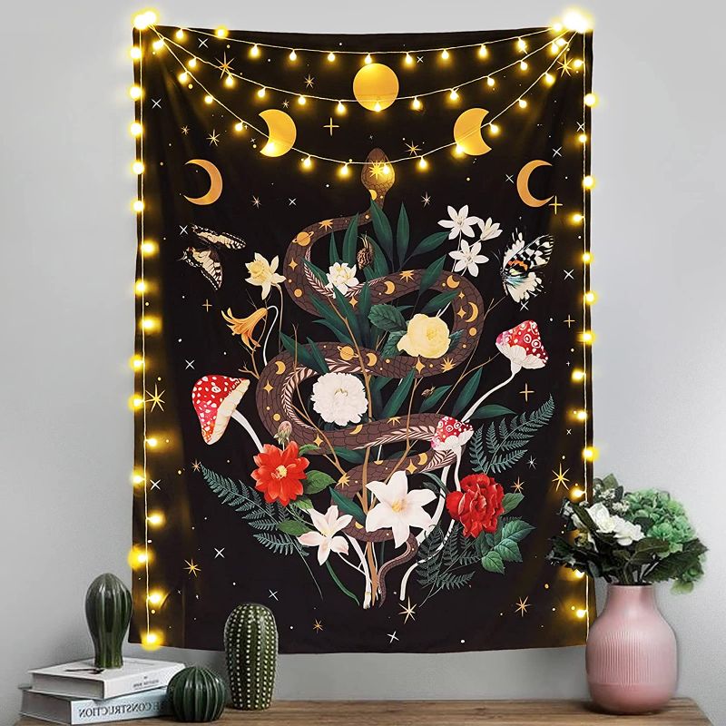 Photo 1 of Accnicc Floral Snake Moon Tapestry Vertical Flower Stars Butterfly Black Tapestry Wall Hanging Colorful Wildflowers Aesthetic Wall Tapestries for Bedroom Dorm Living Room (Black, 44'' × 60'')
