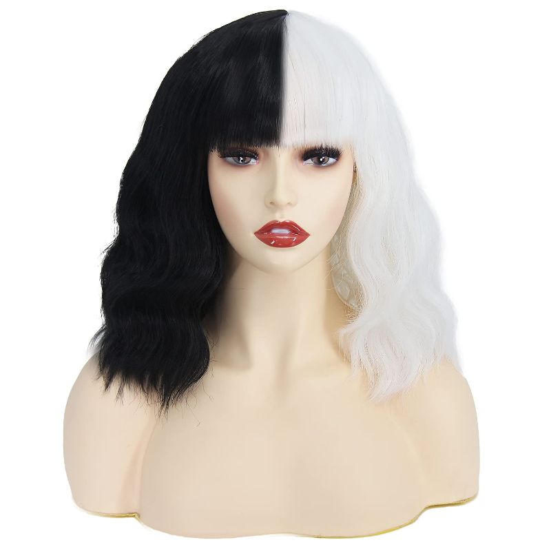 Photo 1 of ELIM Wigs for Cruella Deville Costume Cosplay Black and White Short Fluffy Synthetic Hair Wigs with Oblique Bangs Z156BW
