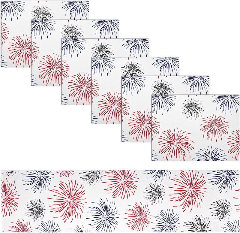 Photo 1 of yuboo Fireworks Patriotic Placemats Set of 6 and Table Runner,72 Inches Tablecloth Set for 4th of July&Veterans Day Decorations
