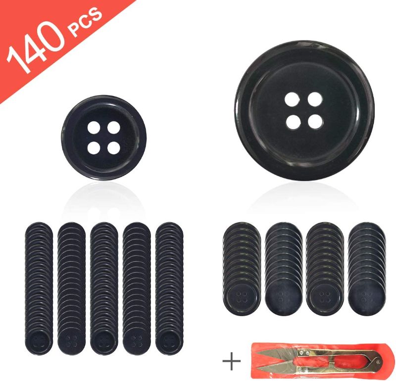 Photo 1 of Buttons for Sewing, 40Pcs 1 Inch Buttons Black Sewing Resin Buttons and 100Pcs 5/8 Inch Flatback Buttons Set 4 Holes, Strong Round Craft Buttons for DIY,Coats(Included 2 Storage Box,1 Sewing Scissor) (( 3 SETS/PACKS ))
