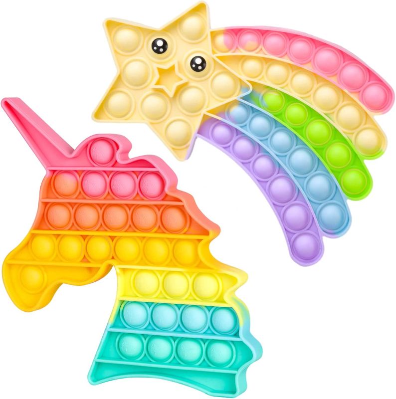 Photo 1 of HiUnicorn 2 Pack Unicorn & Star Pop Poppers Fidget Toys for Girls, Push Bubbles Rainbow Sensory Toys for Kids Keep Foucs and Relieve Stress, BPA Free Silicone Popping School Party Game Toys Gifts