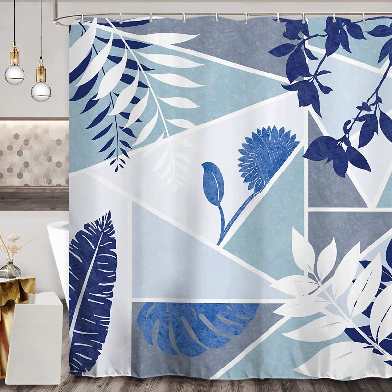 Photo 1 of Baccessor Abstract Mid Century Blue Shower Curtain Modern Geometric Plant Leaf Cute Art Waterproof Fabric Bathroom Bathtub Curtain with Hooks 72 x 72 Washable Weighted