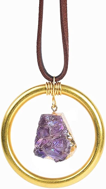 Photo 1 of Larrare Handmade Crystal Car Charm Accessories for Rear View Mirror | Car Hanging Ornament with Natural Healing Crystal Decor | with Solid Brass Ring, Leather Cord & Vegan Cord Gift (Amethyst Cluster)
