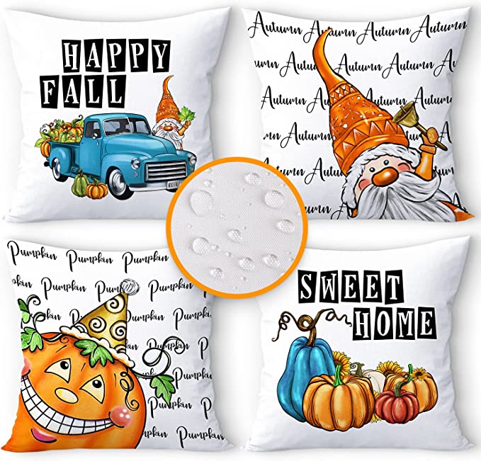 Photo 1 of Ywlake 22x22 Fall Outdoor Throw Pillow Covers Set of 4, Pumpkin Maple Leaves Gnome Autumn Waterproof Pillowcase Fall Decor Harvest Farmhouse Thanksgiving Halloween Decorations Cushion Cases Couch Sofa

