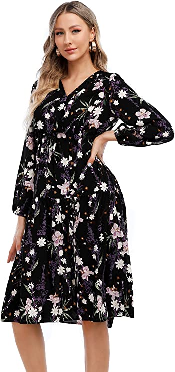 Photo 1 of Joyours Womens Casual Dress Summer Plus Size V Neck Floral Dress Loose Boho Midi Dresses A Line Long Sleeve Dress - M
