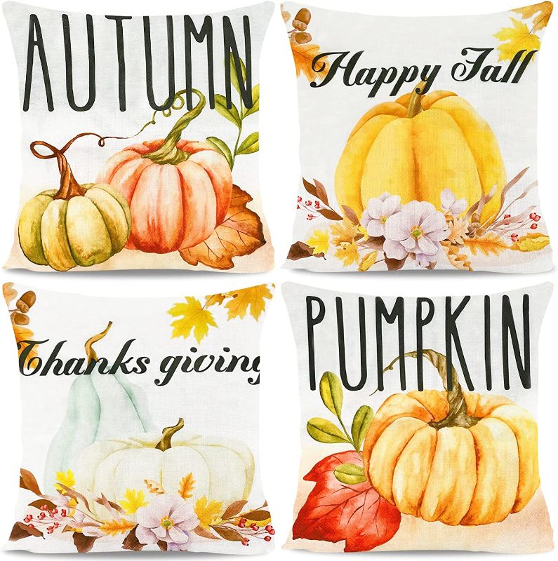 Photo 1 of 4 Double Sided 18x18 Happy Fall Thanksgiving Pillow Covers with Pumpkins for Farmhouse Decorations Thankful Blessed Farm Outdoor Decorative Throw Cushion Case for Home Couch Sofa
