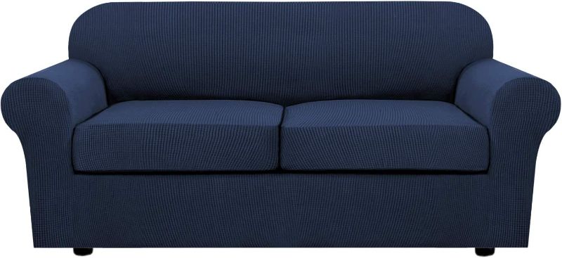 Photo 1 of 3 Piece Stretch Sofa Covers for 2 Cushion Sofa Couch Covers for Living Room Sofa Slipcovers Furniture Cover (Base Cover Plus 2 Seat Cushion Covers) Thicker Jacquard Fabric(Large Sofa, Navy)
