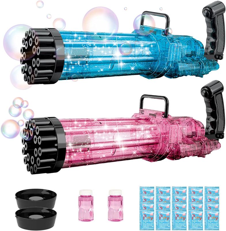 Photo 1 of 2Pcs 21 Hole Bubble Gun with Bubble Solution for Kids That Can Make Massive Bubbles, Electronic Automatic Bubble Blower with Lights,as Summer Gifts for 3 4 5 6 7 8 9 10 Year Old Boys Girls Toddler
