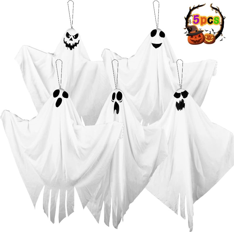 Photo 1 of 2 PK Halloween Hanging Ghosts (5 Pack) for Halloween Party Decoration, Cute Flying Ghost for Front Yard Patio Lawn Garden Party Décor and Holiday Halloween Hanging Decorations
