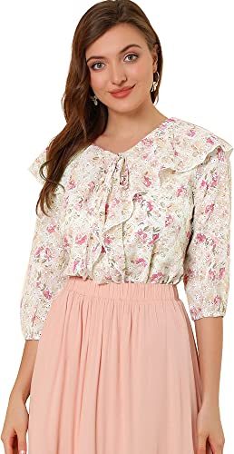 Photo 1 of Allegra K Women's Ruffled Tie-Neck Lapel Elbow Sleeve Casual Textured Floral Embroidery Blouse sz M 
