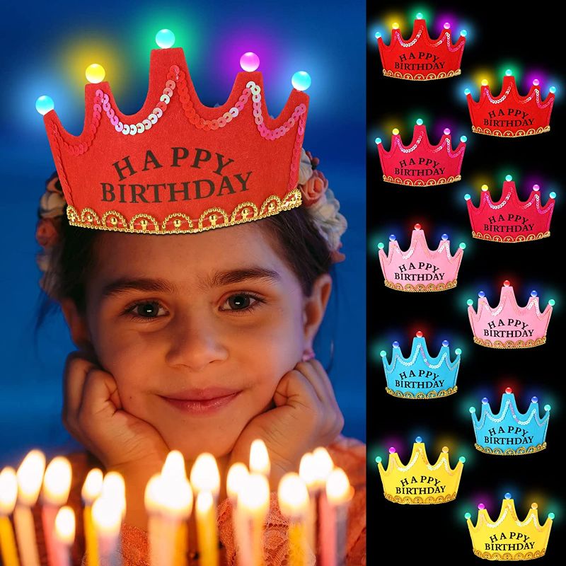 Photo 1 of 10 Pack Light Up Birthday Crown Headband LED Birthday Party Crowns Glow Party Headband Felt Flashing Crown Hats Happy Birthday Tiaras for Party Supplies Favors, Assorted Colors ***** sealed box 
